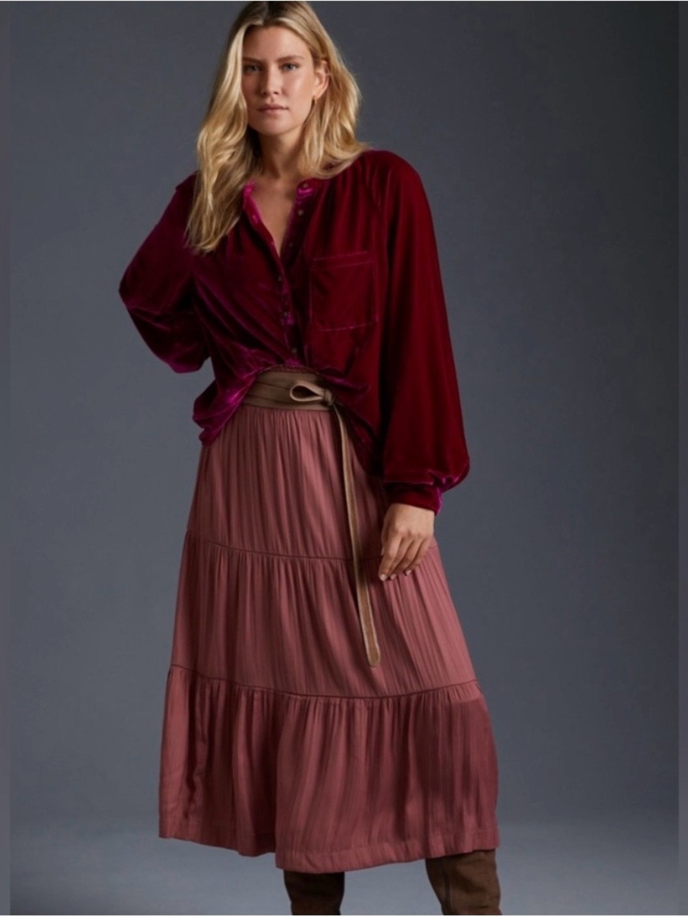 Anthropologie Pilcro Velvet Femme Top S Button Down Pink Blouse Puff Sleeve - Picture 3 of 15
